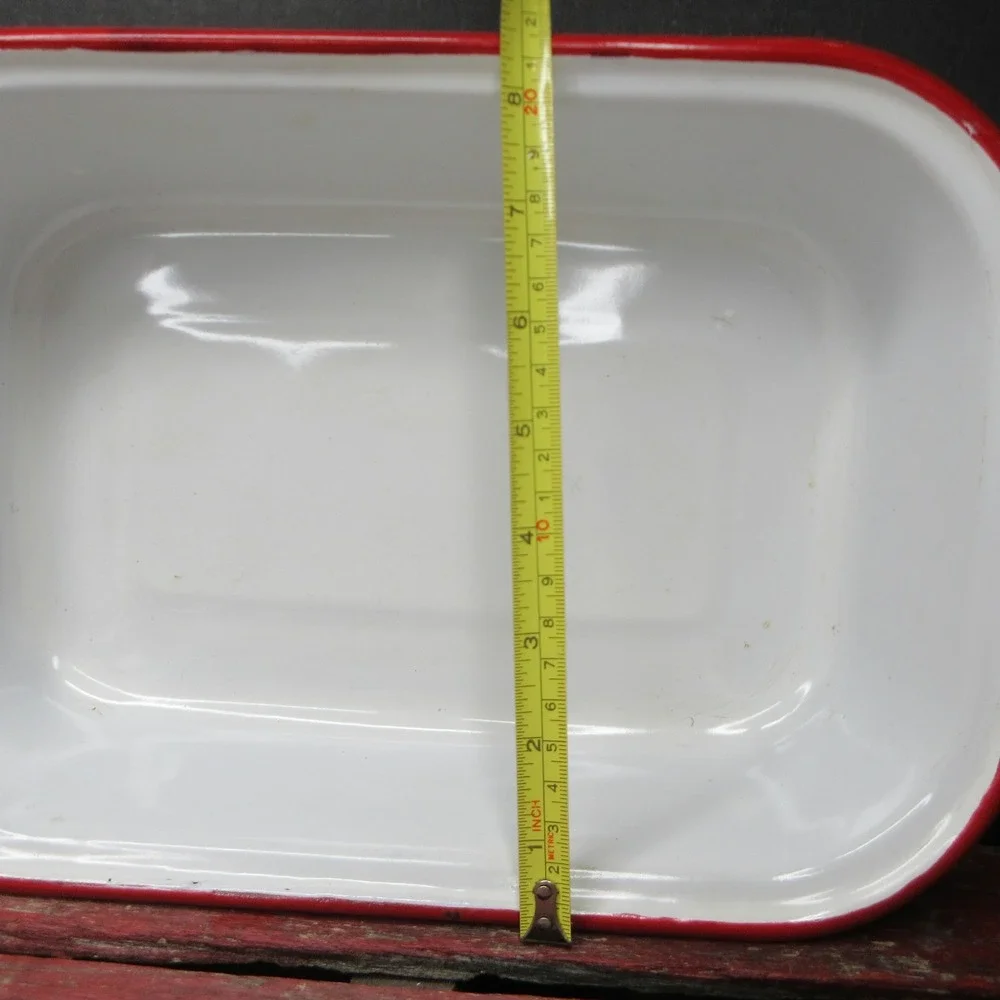 Vintage White Enamelware Rectangular Pan Red Rim Primitive Farmhouse Decor